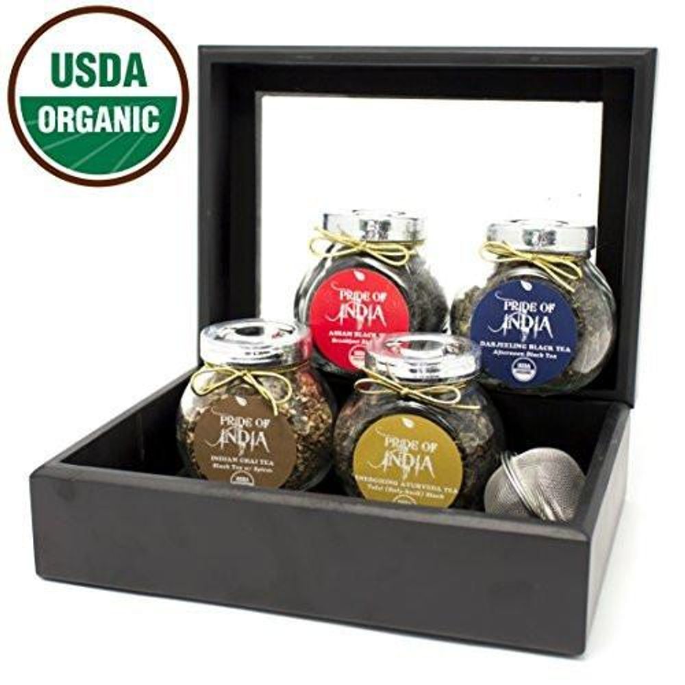 Organic Indian Black Tea Gift Chest - 4 Tea Jars - Assam Black, Darjeeling Black, Spice Chai, Herbal Black