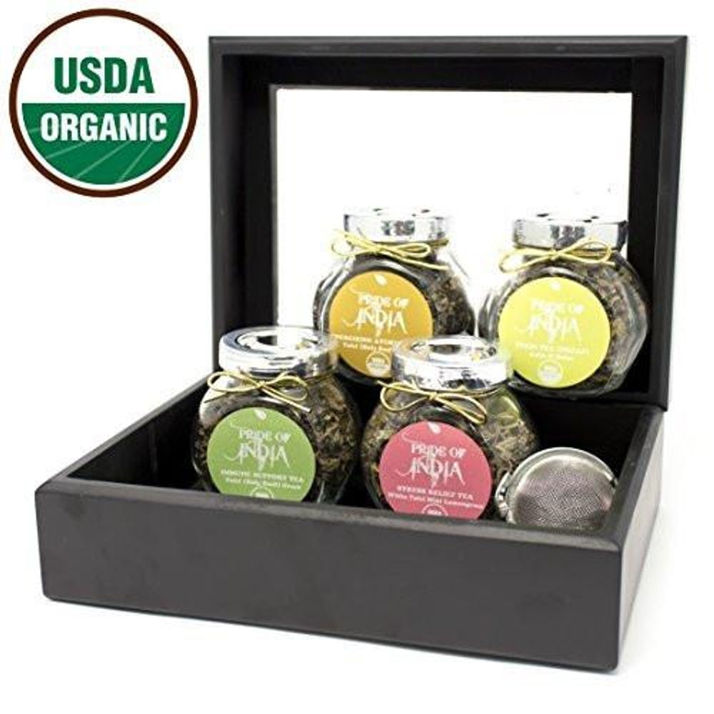 Organic Tulsi Variety Tea Gift Chest - 4 Tea Jars - Tulsi Pure, Tulsi Black, Tulsi Green, Tulsi De-stress