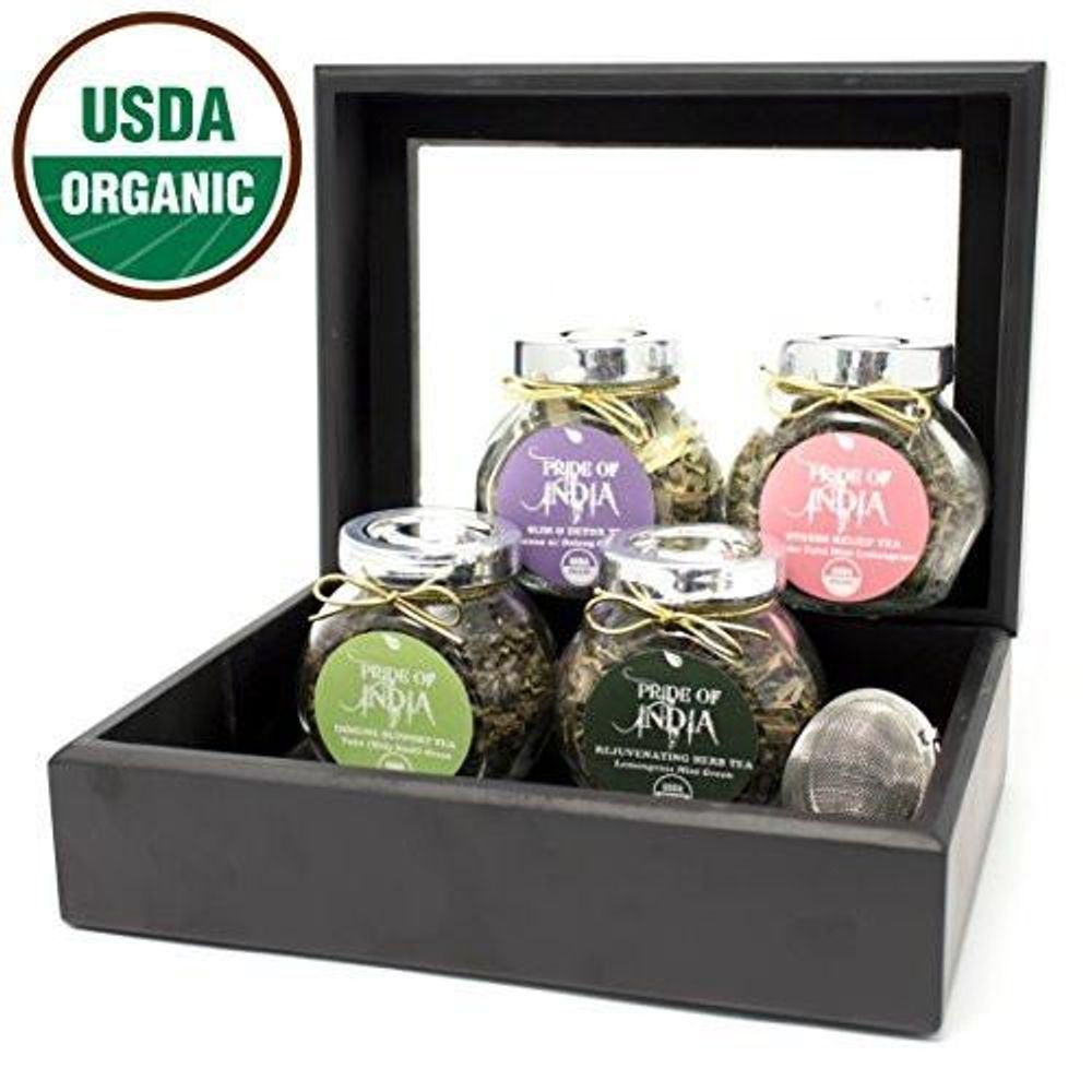Health Collection Organic Tea Gift Chest - 4 Tea Jars - Slim & Detox, Stress Relief, Immune Support, Rejuvenate Herb