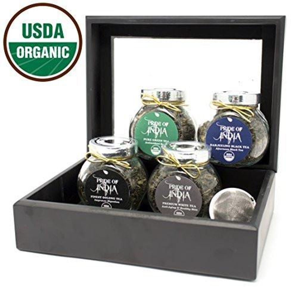 Signature Darjeeling Organic Tea Gift Chest - 4 Tea Jars - Black, Green, White, Oolong